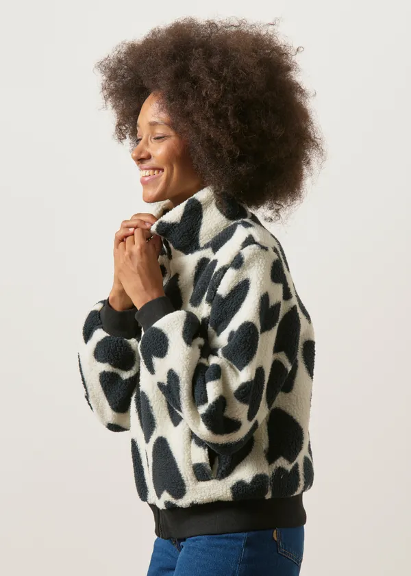 Veste sherpa à motifs en matière recyclée | blanc et noir "Cuddle cat bomber jacket amore - white", Mademoiselle Yéyé