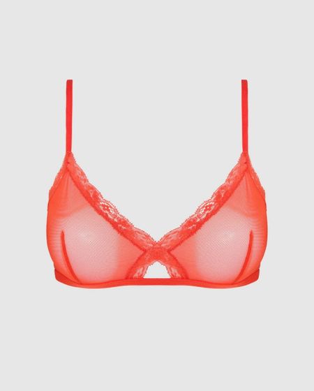 Soutien gorge triangle en matières recyclées | rouge "mesh lace trim triangle bralette - fiery red"
