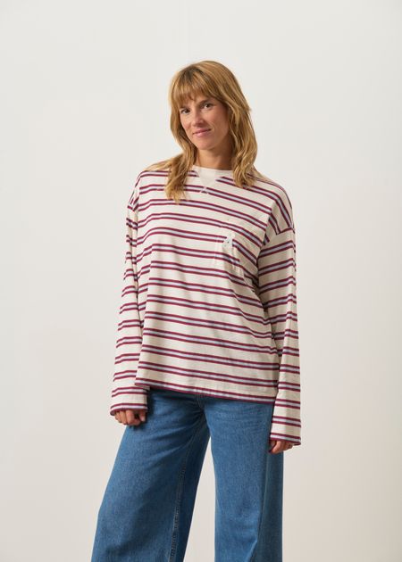 T-shirt oversize en coton bio | rayé "Iconic å fietaa stripe ls | undyed-velvet red-soft blue" - Armedangels