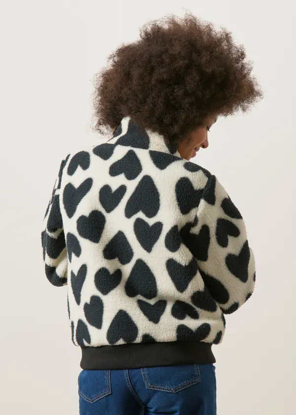 Veste sherpa à motifs en matière recyclée | blanc et noir "Cuddle cat bomber jacket amore - white", Mademoiselle Yéyé