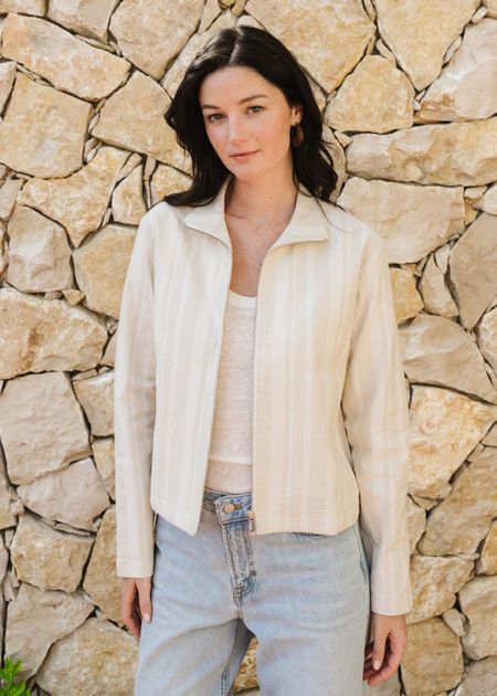 Veste en coton bio | ecru "raw dappled stripes ceci jacket - ecru" - Thinking Mu