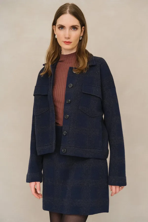 Veste en coton bio et laine | marine "joaalison check - night sky-steel melange", Armedangels