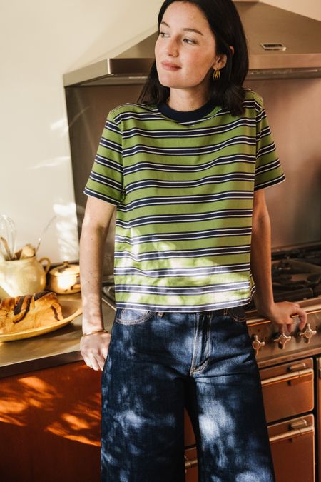 T-shirt boxy en coton bio | rayé vert