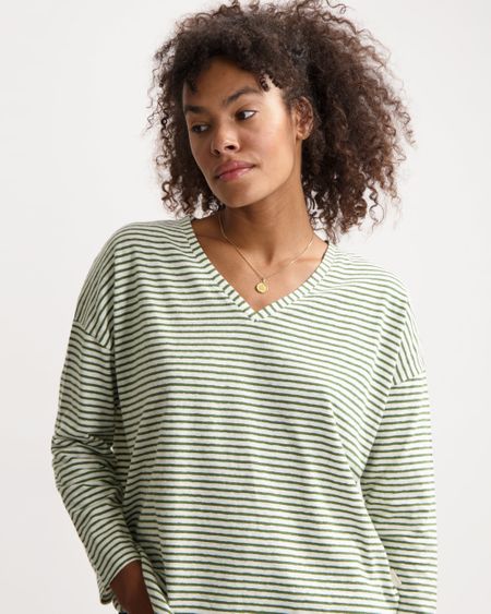 T-shirt manches longues en lin et coton bio | rayé "yulia tee green off white"