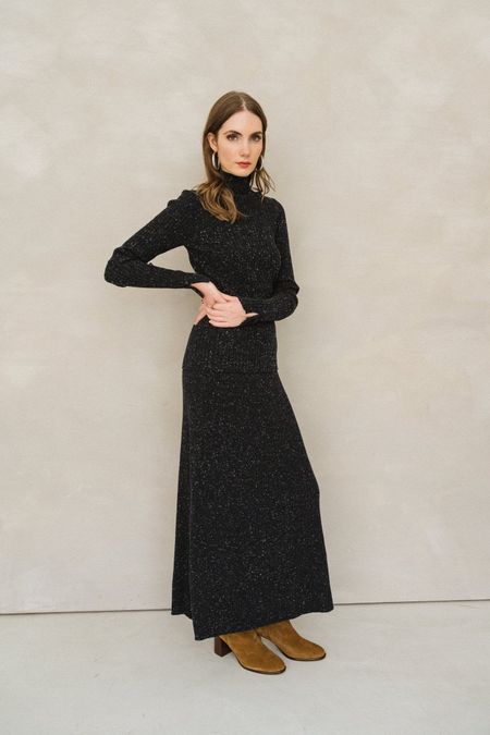 Langer Rippstrickrock aus Bio-Baumwolle und Wolle | Schwarz "hanaa tweed - black-oatmilk", Armedangels, Foto 1