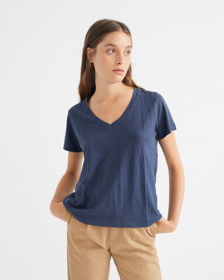 T-shirt col v bleu marine en chanvre et coton bio - hemp clavel