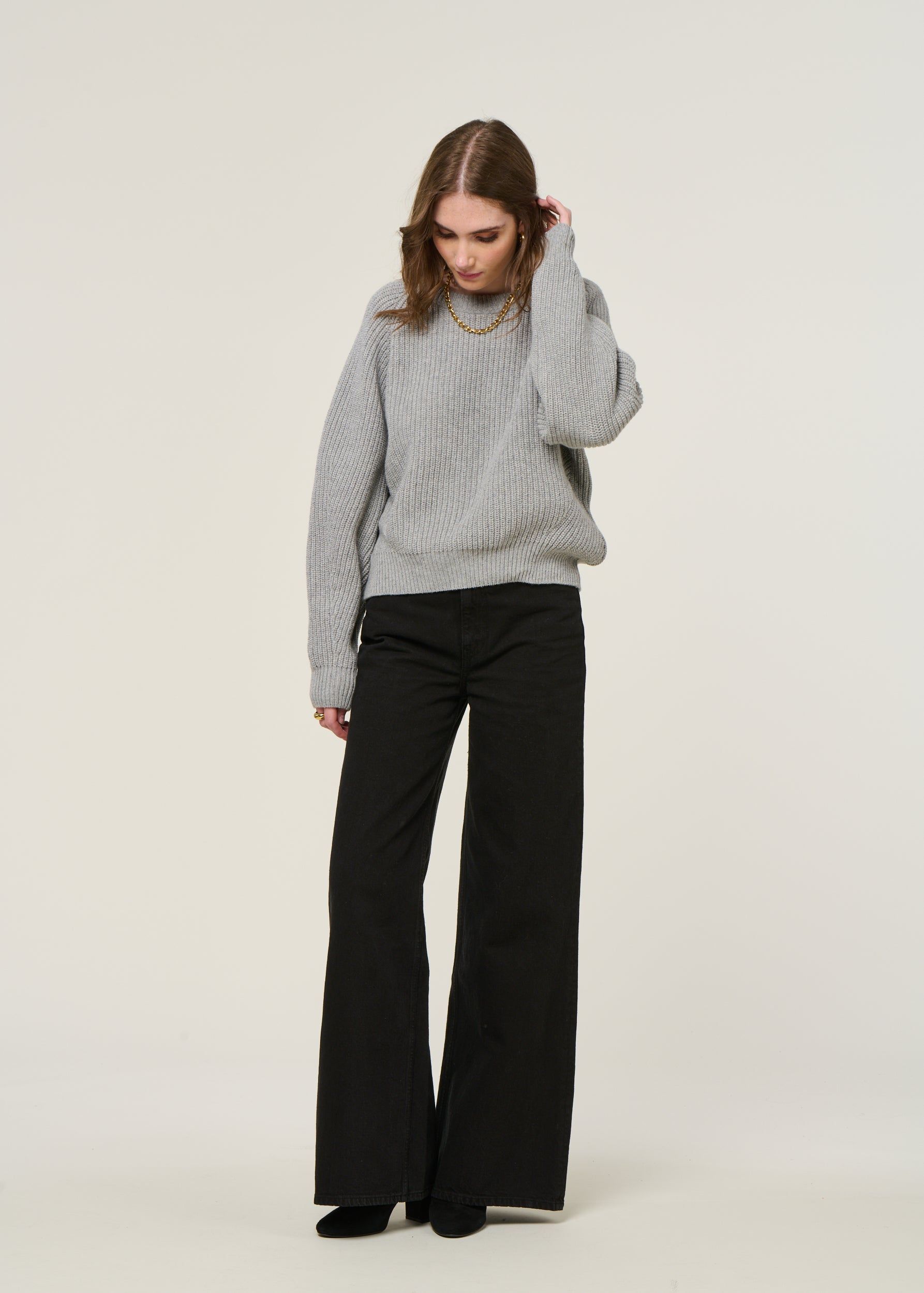 Pull en laine recyclée | gris "cropped knit sweater wool-blend - grey melange", Rotholz, photo 4