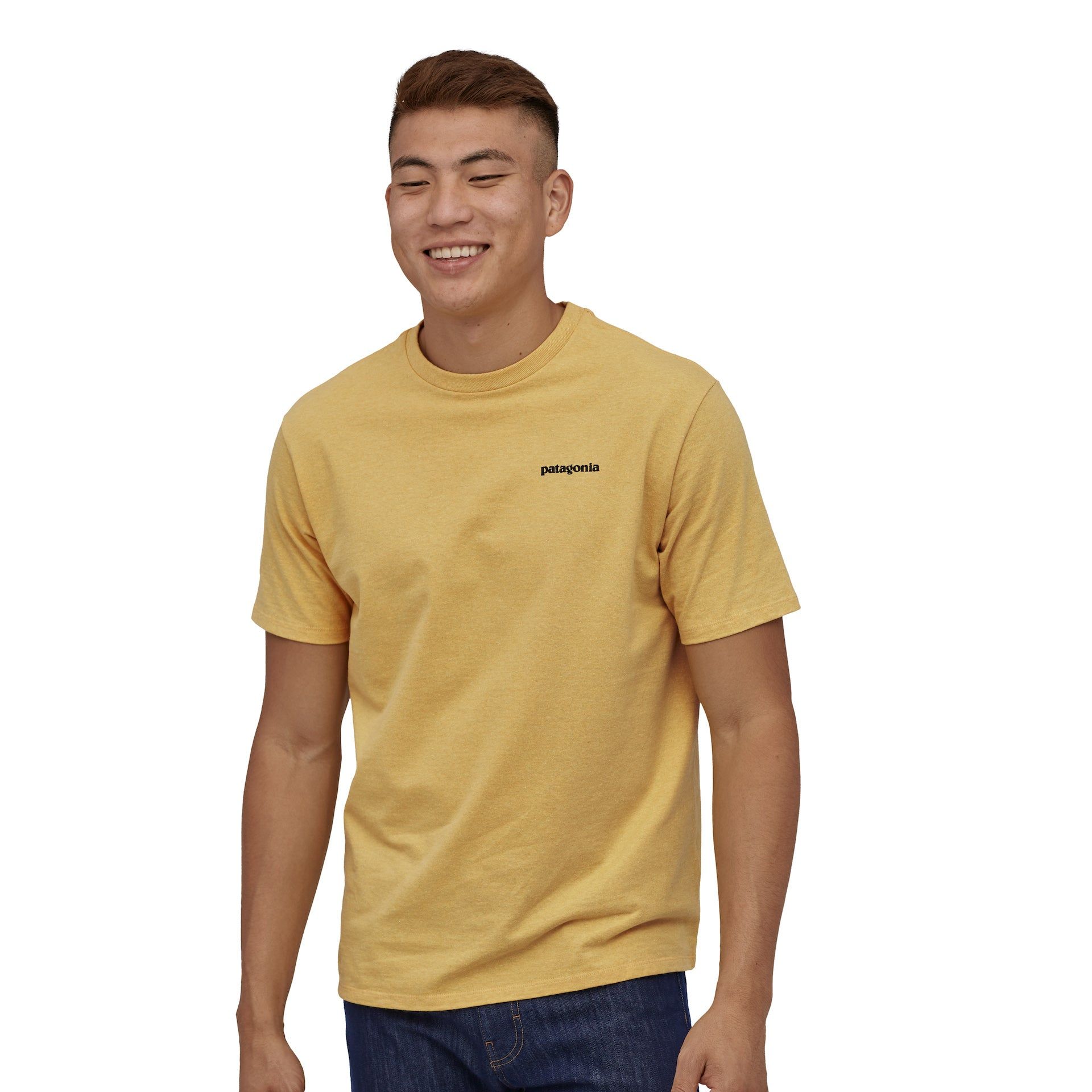 T-shirt jaune en recyclé - p-6 logo responsibili-tee - surfboard yellow, Patagonia, photo 1