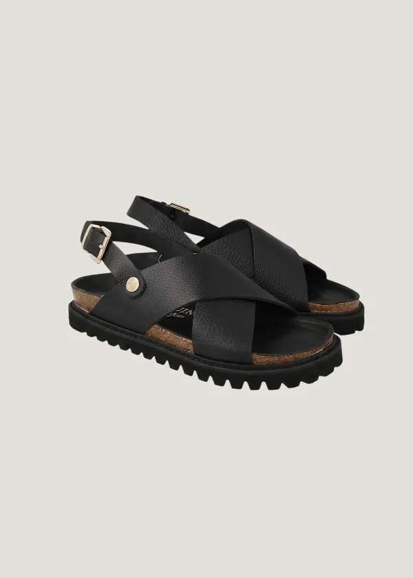Sandales en cuir certifié | noir "melen embossed leather dark" new, Genuins