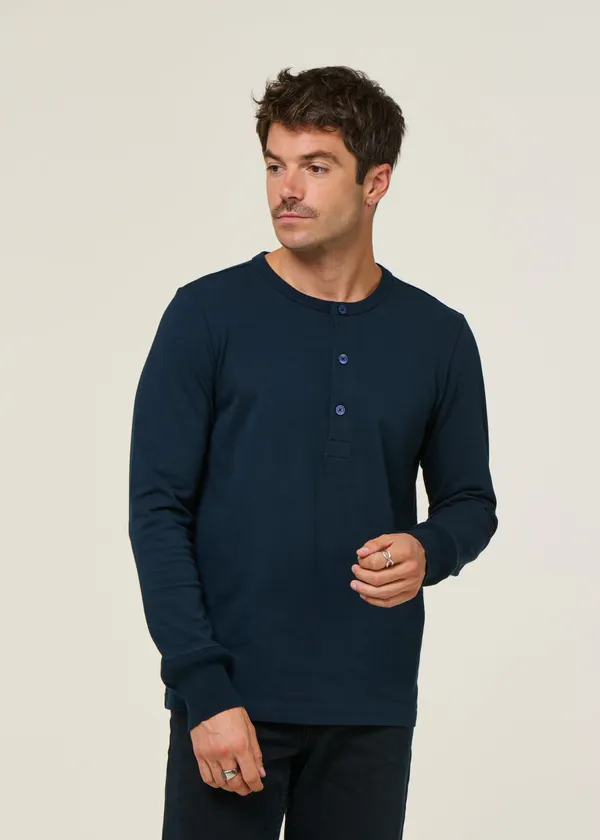 T-shirt manches longues en coton bio | marine "bo long sleeve henley total eclipse", Knowledge Cotton Apparel