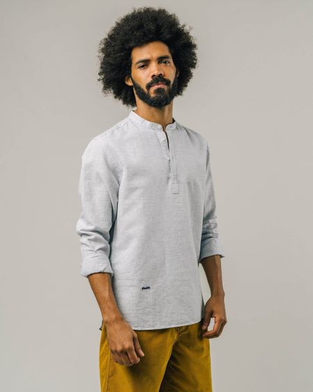 Chemise col mao bleue en lin et coton bio - slub henley shirt blue