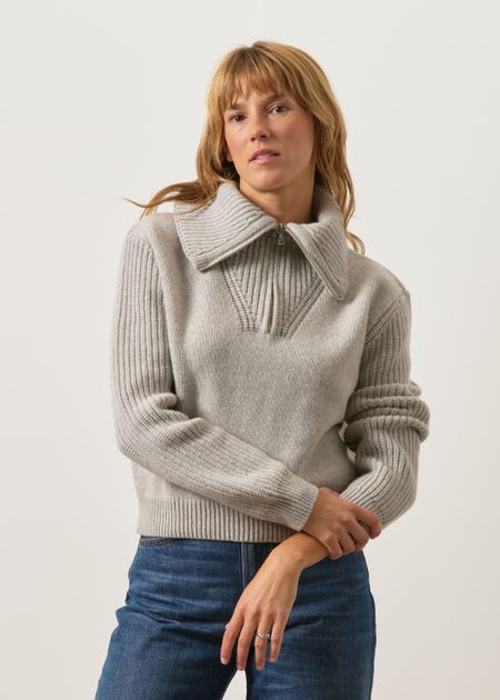 Pullover mit Reißverschlusskragen aus Merinowolle | Grau "Grey tanit knitted sweater - grey", Thinking Mu, Foto 1