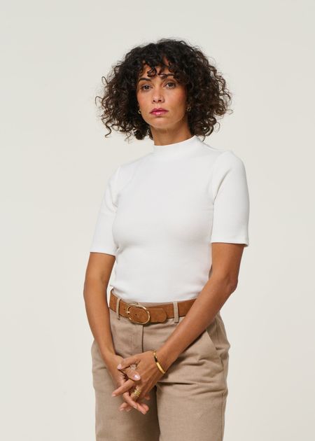 T-shirt côtelé en coton bio | blanc "rib high neck short sleeved star white"