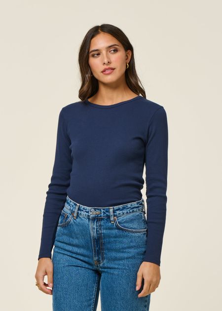 T-shirt manches longues côtelé en coton bio | bleu marine - WeDressFair