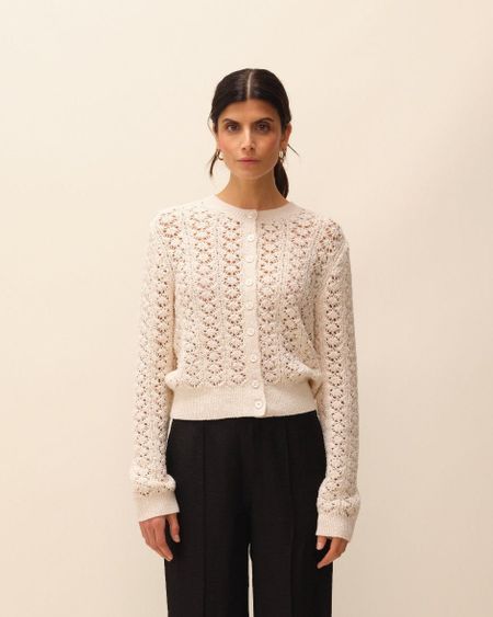 Cardigan en coton upcyclé | ecru "cardigan ajouré boutonné naya" - Nitah