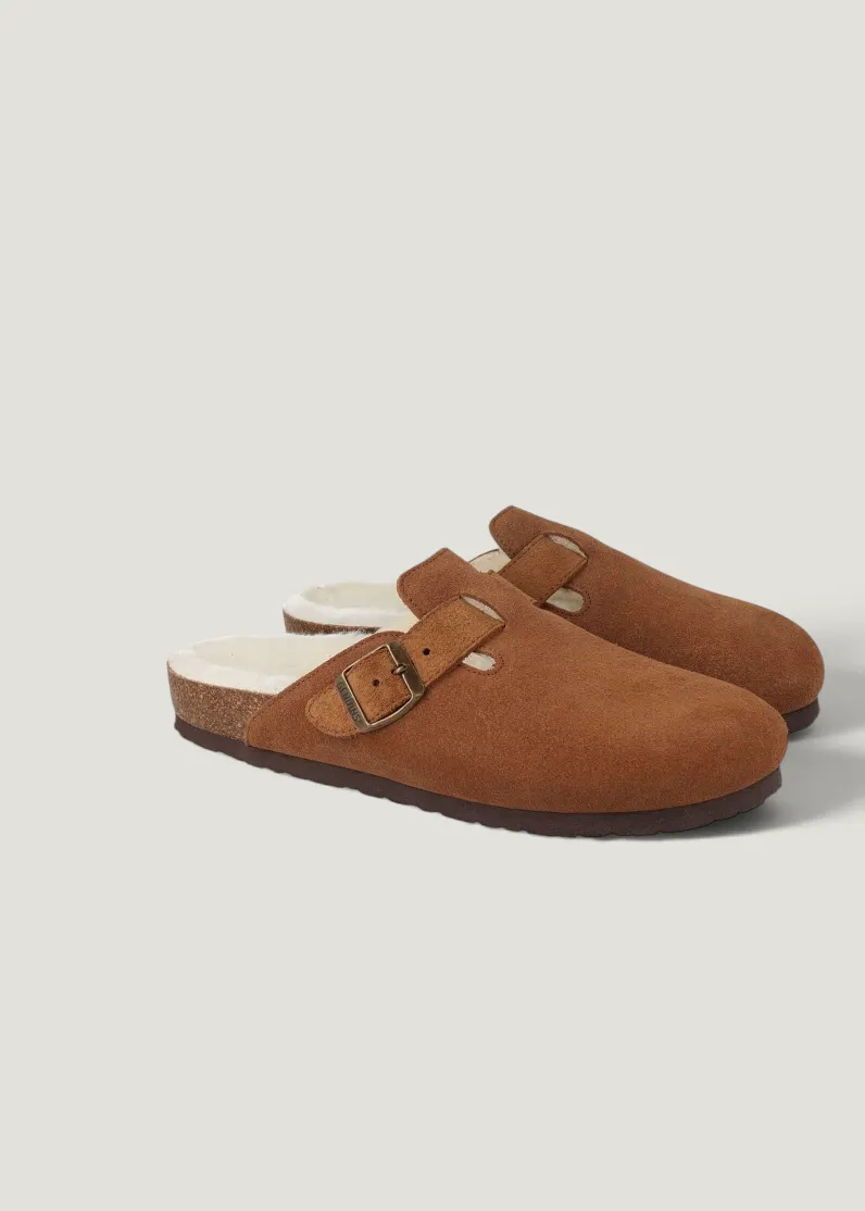Sabots fourrés en cuir certifié | marron "riva velour wool mandorla", Genuins, photo 2