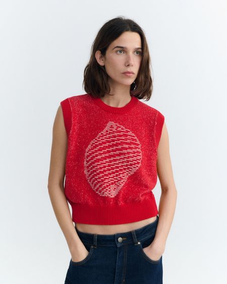 Pull sans manches en coton et matière recyclées | shell red aria knitted vest - red - Thinking Mu