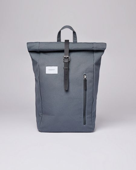 Sac à dos rolltop ardoise en coton bio, recyclé et cuir -  dante dark slate with black leather