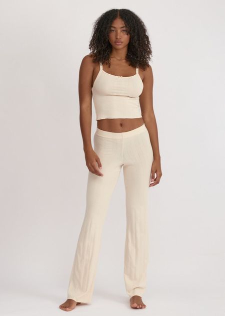 Pantalon de pyjama en coton bio | beige "pointelle straight leg pants - cloud"