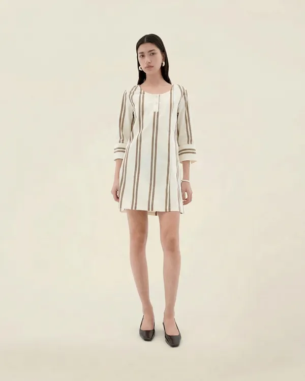 Robe en coton biologique | beige "otter polplin stripes maria dress - ecru", Thinking Mu