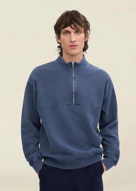 Sweat camionneur en coton bio | bleu "quarter zip - neptune blue" - Colorful Standard