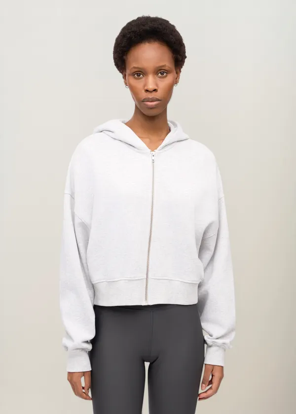 Sweat court zippé en coton bio | gris chiné "organic crop zip hood - snow melange", Colorful Standard