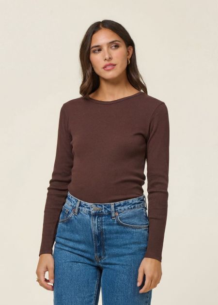 T-shirt manches longues côtelé en coton bio | chocolat - WeDressFair