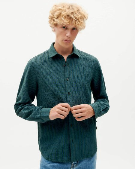Chemise à carreaux en coton bio | bleu "bottle green checks seersucker thomas shirt" - Thinking Mu