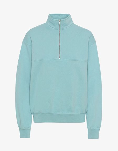 Sweat camionneur mixte col zippé bleu canard en coton bio - teal blue