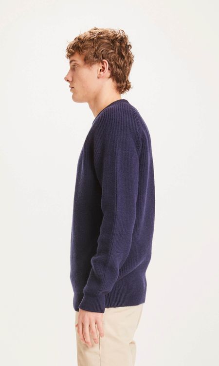 Pull col rond bleu nuit en laine mérinos bio - valley o-neck, Knowledge Cotton Apparel, photo 2