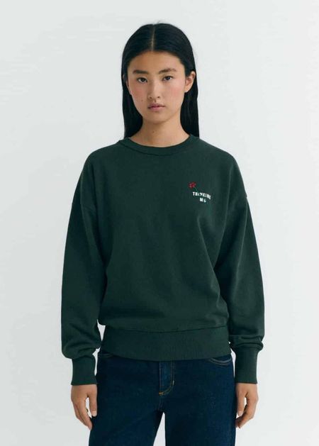 Sweatshirt brodé en coton bio | vert "flower tm bottle green jodie sweatshirt - green", Thinking Mu, photo 1