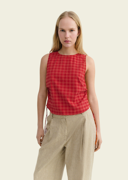 Top seersucker en coton bio | rouge "red checks seersucker florence top" - Thinking Mu