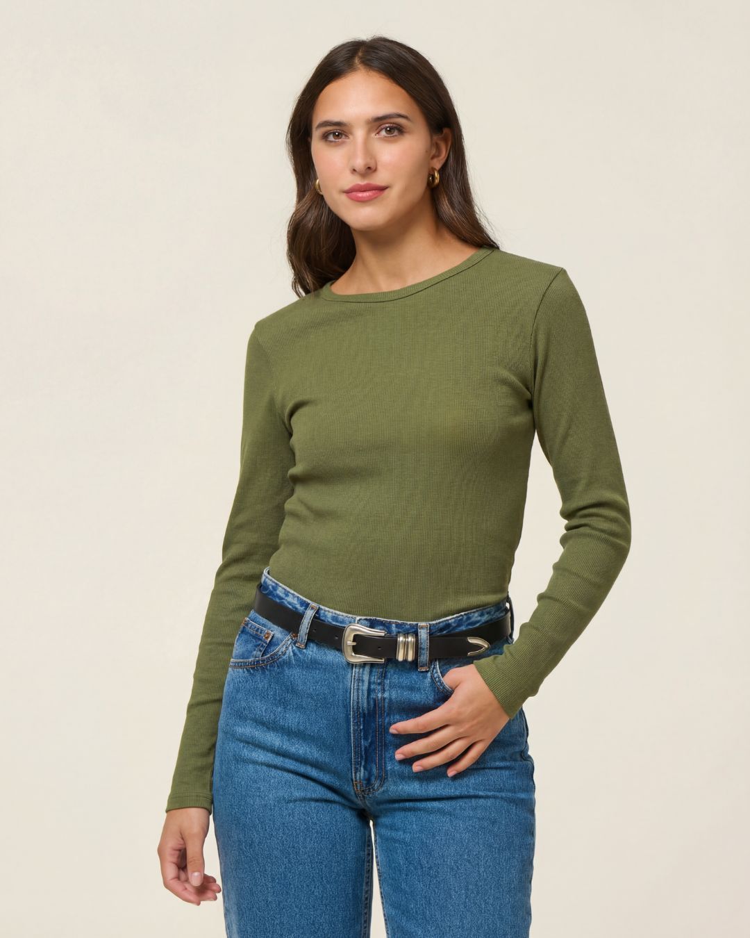 T-shirt manches longues côtelé en coton bio | vert kaki, WeDressFair, photo 1