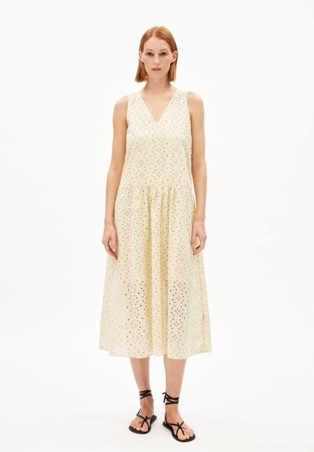 Robe brodée en coton biologique | beige "livalaa broidery - summer hay"