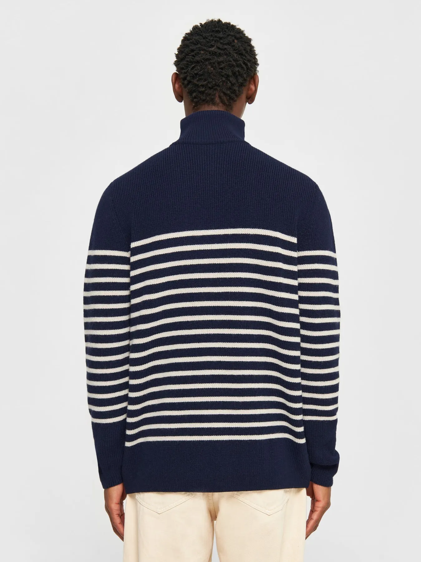 Pull col camionneur en laine bio | marine "1/2 neck zip merino wool rib knit blue stripe", Knowledge Cotton Apparel, photo 2