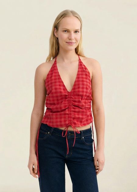 Top en coton bio | vichy rouge "Red checks seersucker hiba top" - Thinking Mu
