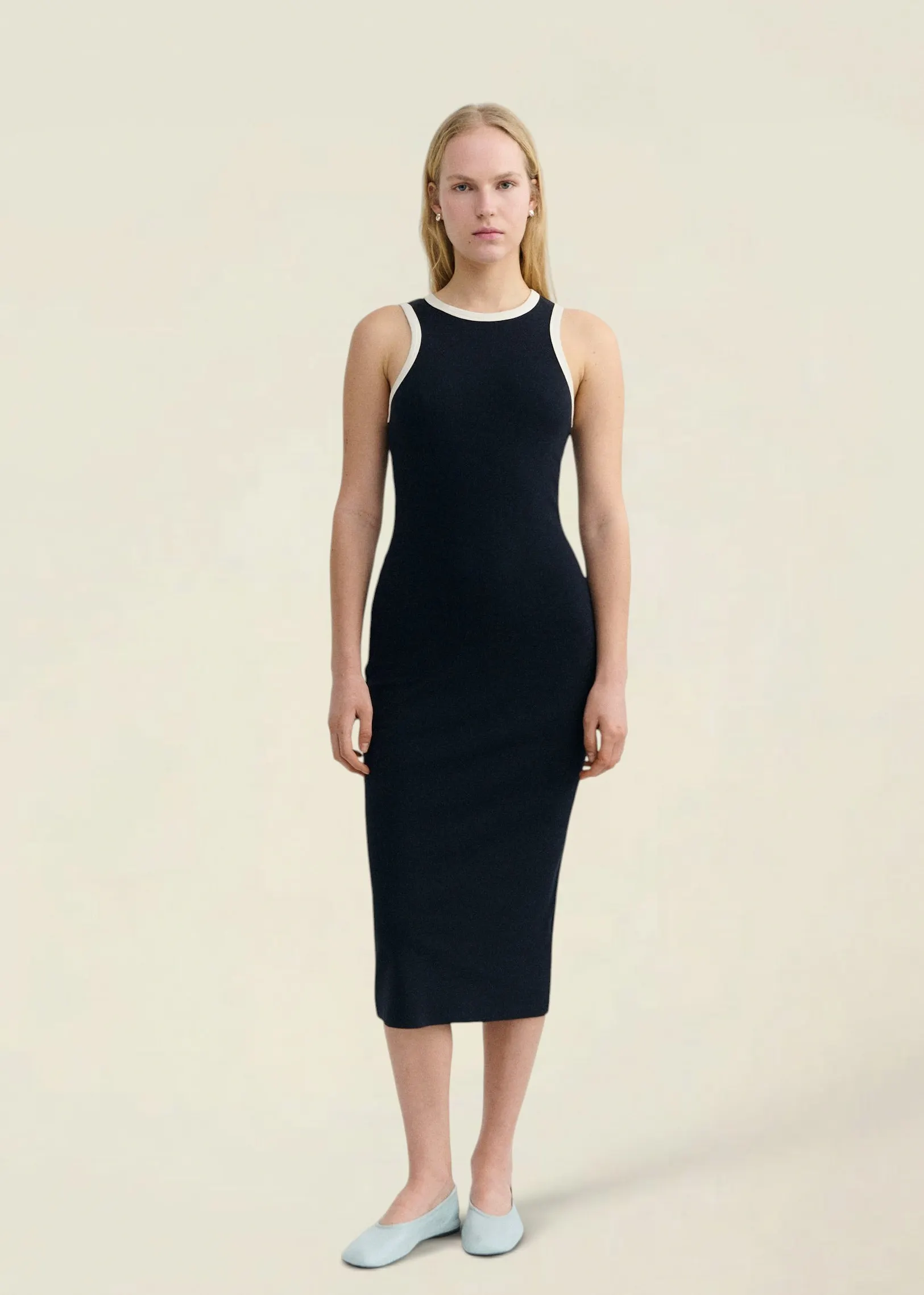 Robe longue en coton bio | marine "Navy pannacota contrast doechi dress - blue", Thinking Mu, photo 3