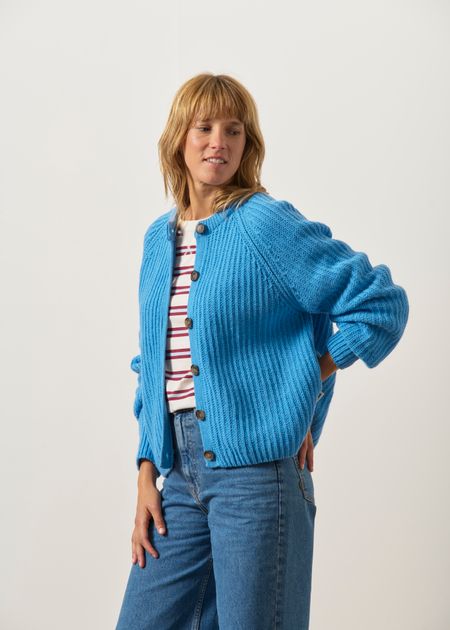 Gilet en laine et coton bio | bleu "Rib knit cardigan | skylight" - Armedangels