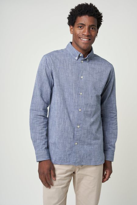 Chemise bleu chiné en coton et lin bio - custom fit linen total eclipse