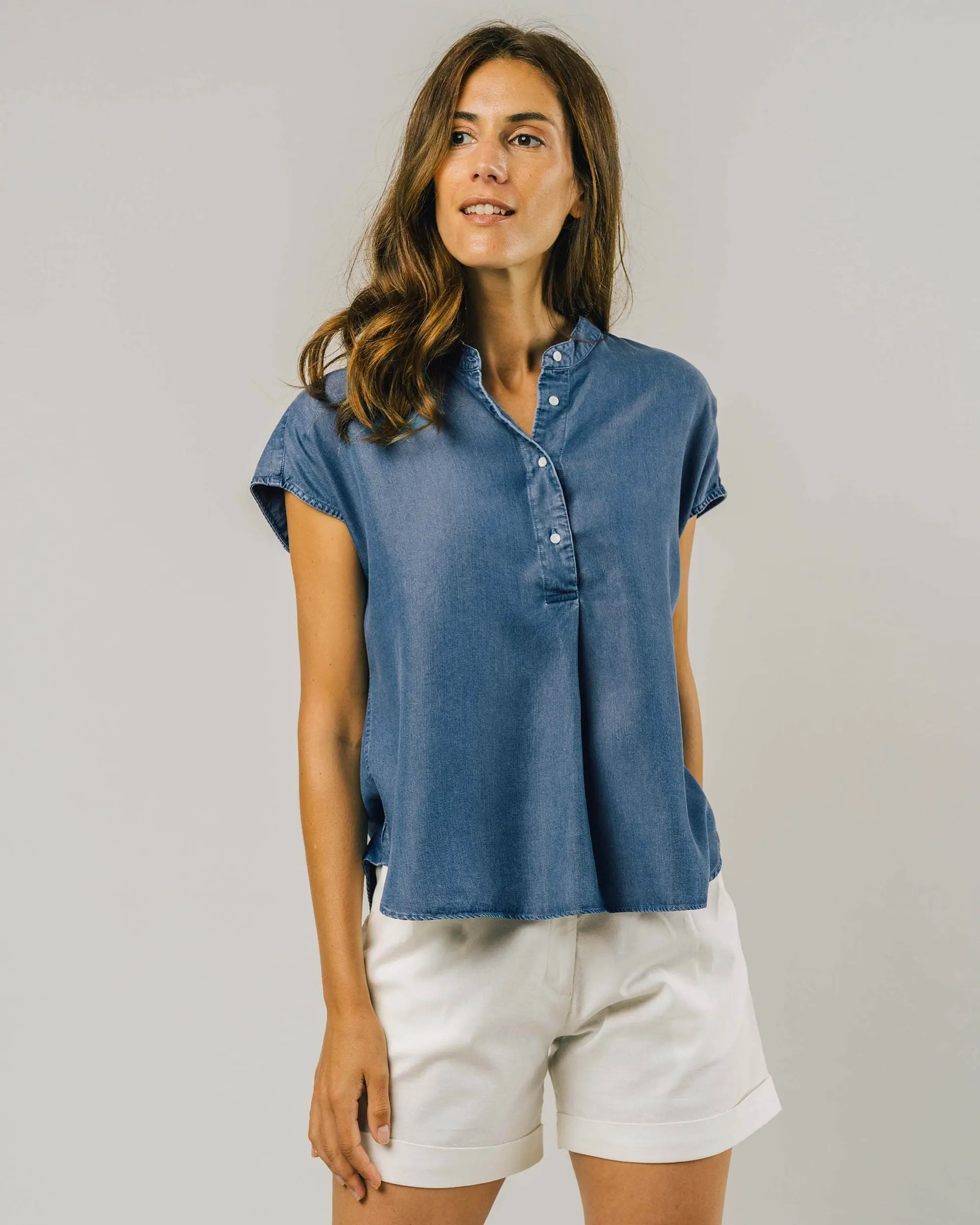 Chemise manches courtes bleu denim en tencel - indigo sleeveless mao shirt denim blue, Brava Fabrics, photo 1