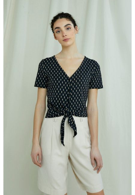 Top noué noir à imprimés blancs en coton bio - evony