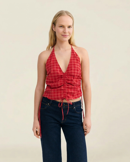 Top en coton bio | vichy rouge "Red checks seersucker hiba top" - Thinking Mu