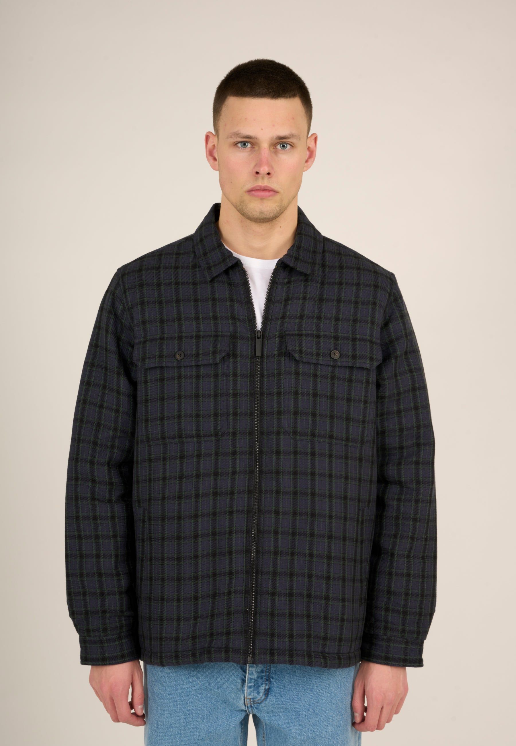 Veste bleu foncé à carreaux en coton bio et recyclé - teddy lining trekking green, Knowledge Cotton Apparel, photo 1