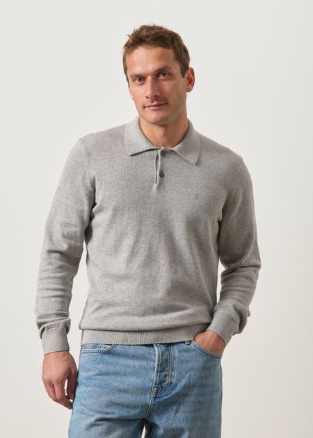 Pull polo en coton bio | gris "Knit longsleeve poloshirt - silver melange", Armedangels