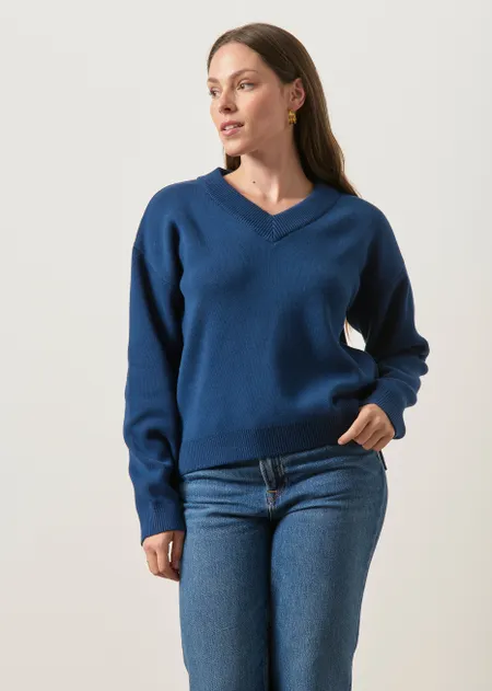 Pull interlock col v en coton bio | marine, WeDressFair