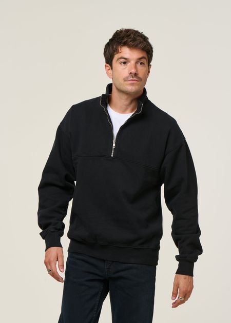 Sweat camionneur col zippé en coton bio | noir "deep black" - Colorful Standard