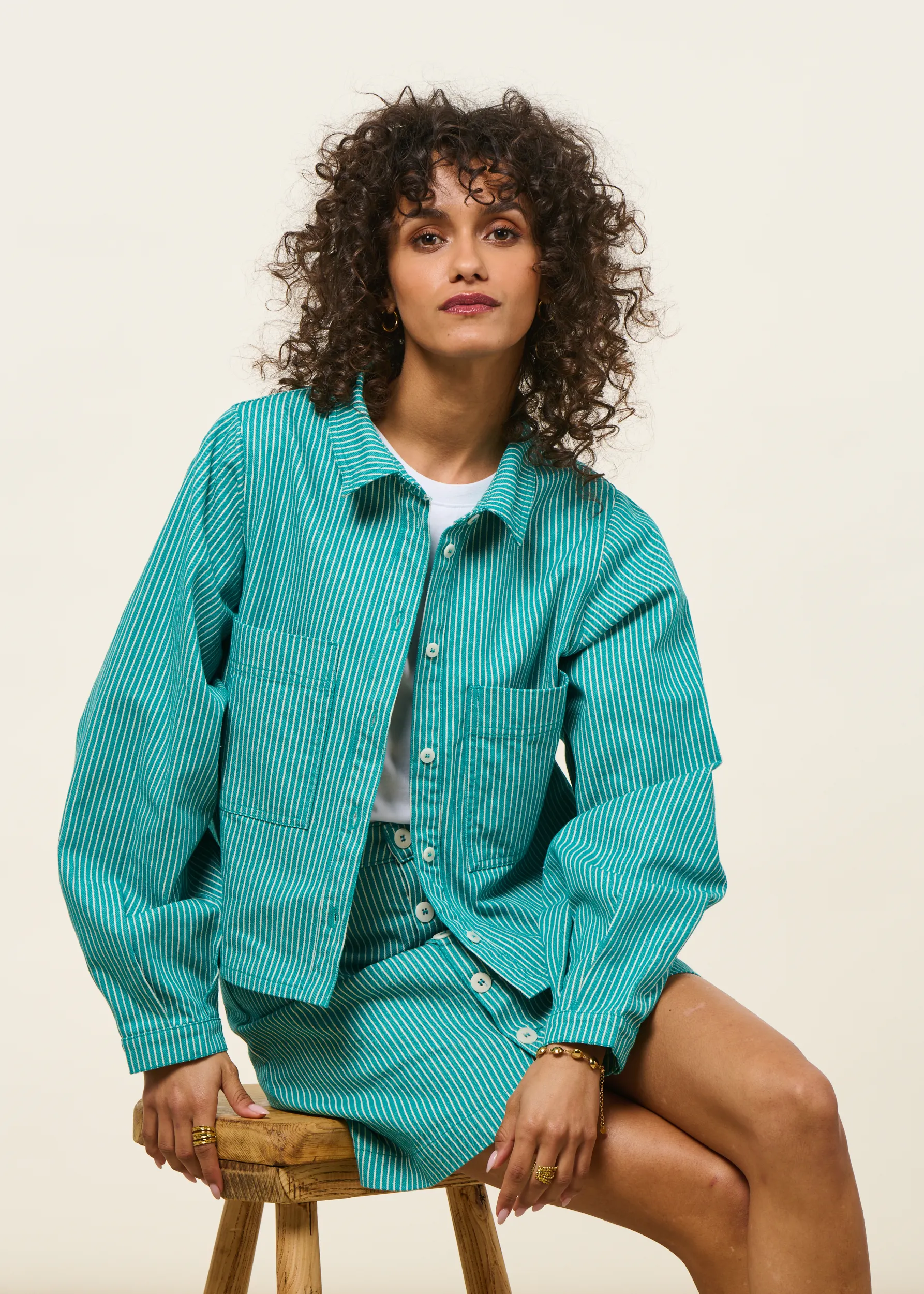 Veste en coton bio et matières recyclées | turquoise "denim stripes crop overshirt mint", Brava Fabrics, photo 4