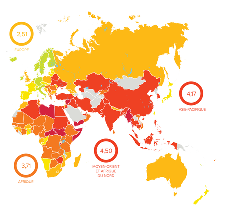 Classement des pays par risque (du moins risqué en vert au plus risqué en rouge foncé), par la Confédération Syndicale Internationale.