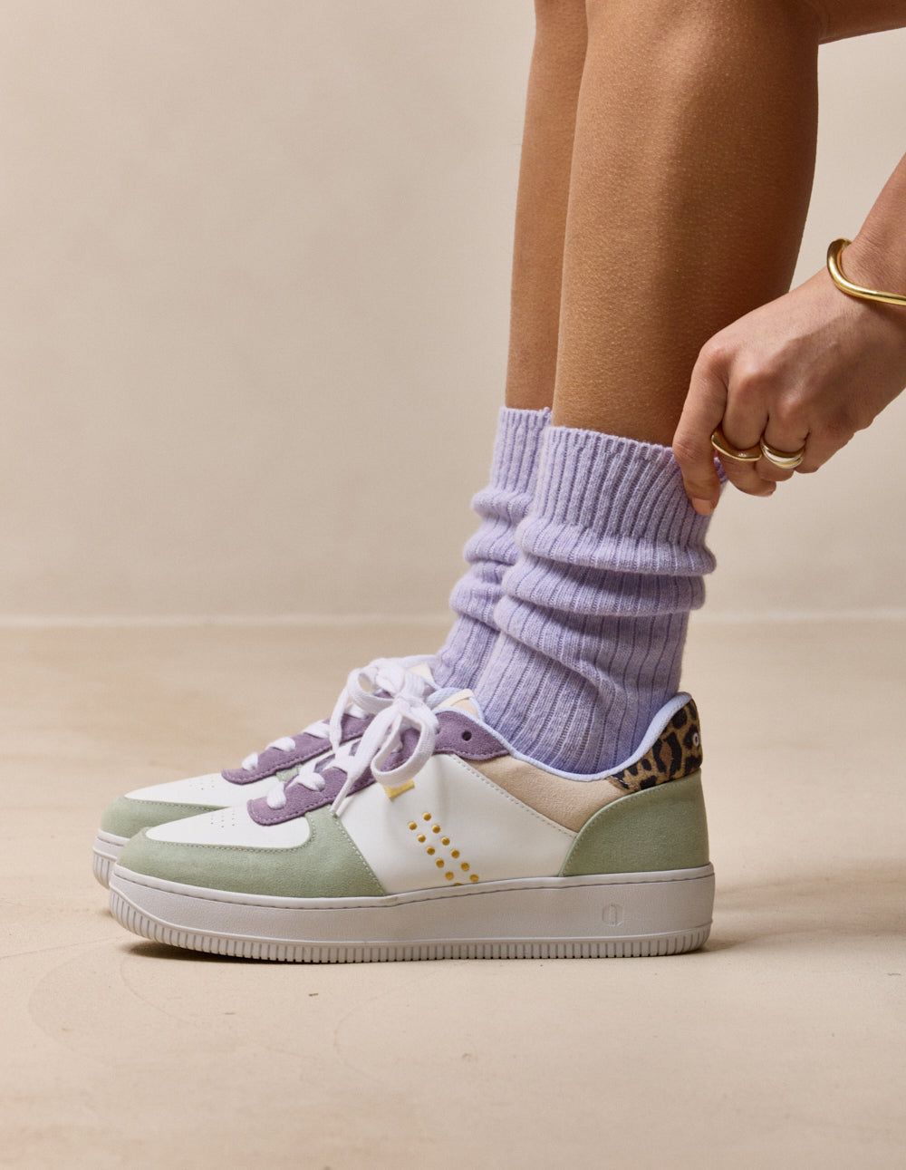 Baskets basse en cuir certifié lwg | multicolore "baskets basses maxence - vert-lilas-beige", Odaje ex M.Moustache, photo 5
