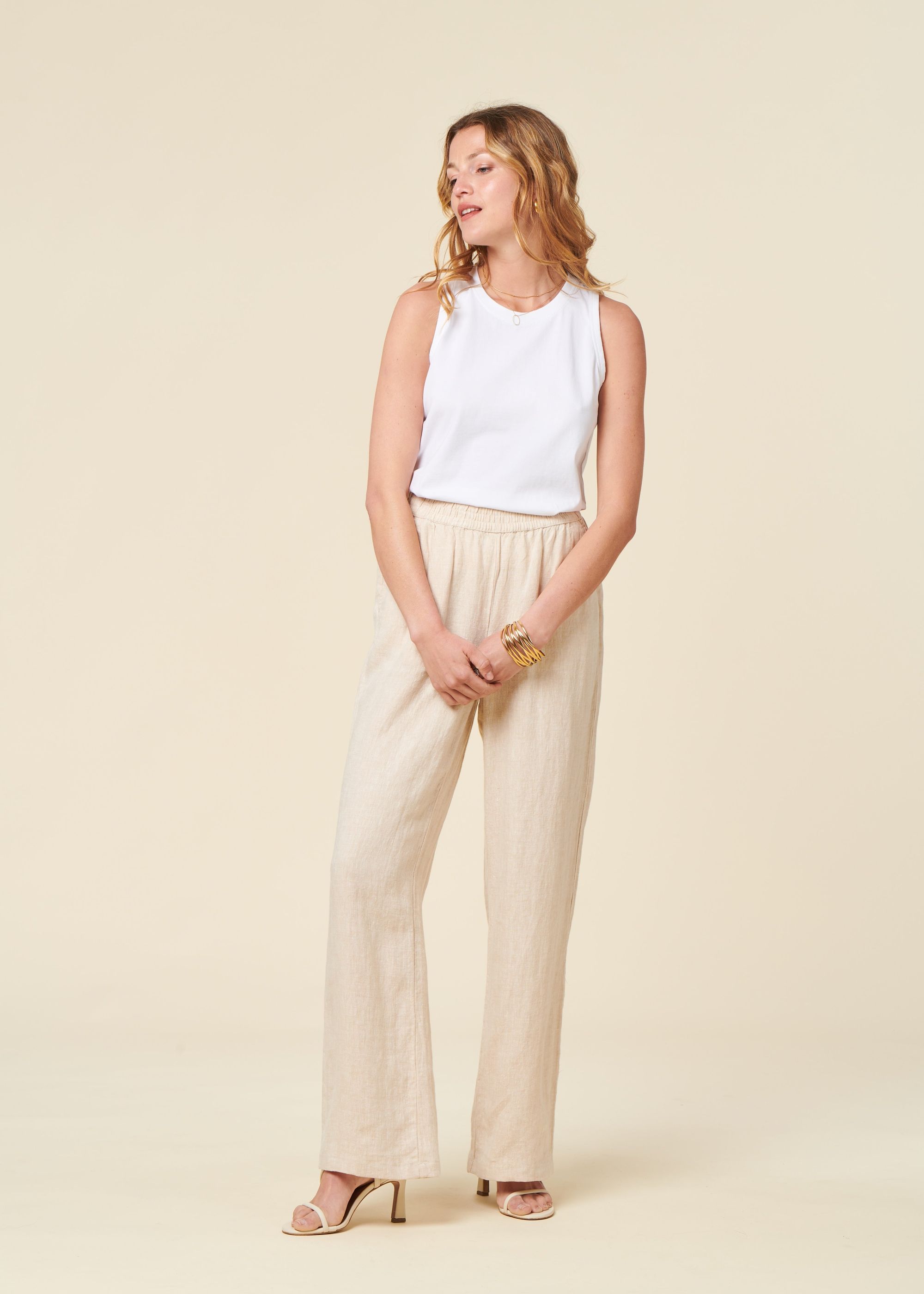 Pantalon ample en lin bio | écru "posey wide mid-rise linen pants light feather gray", Knowledge Cotton Apparel, photo 3
